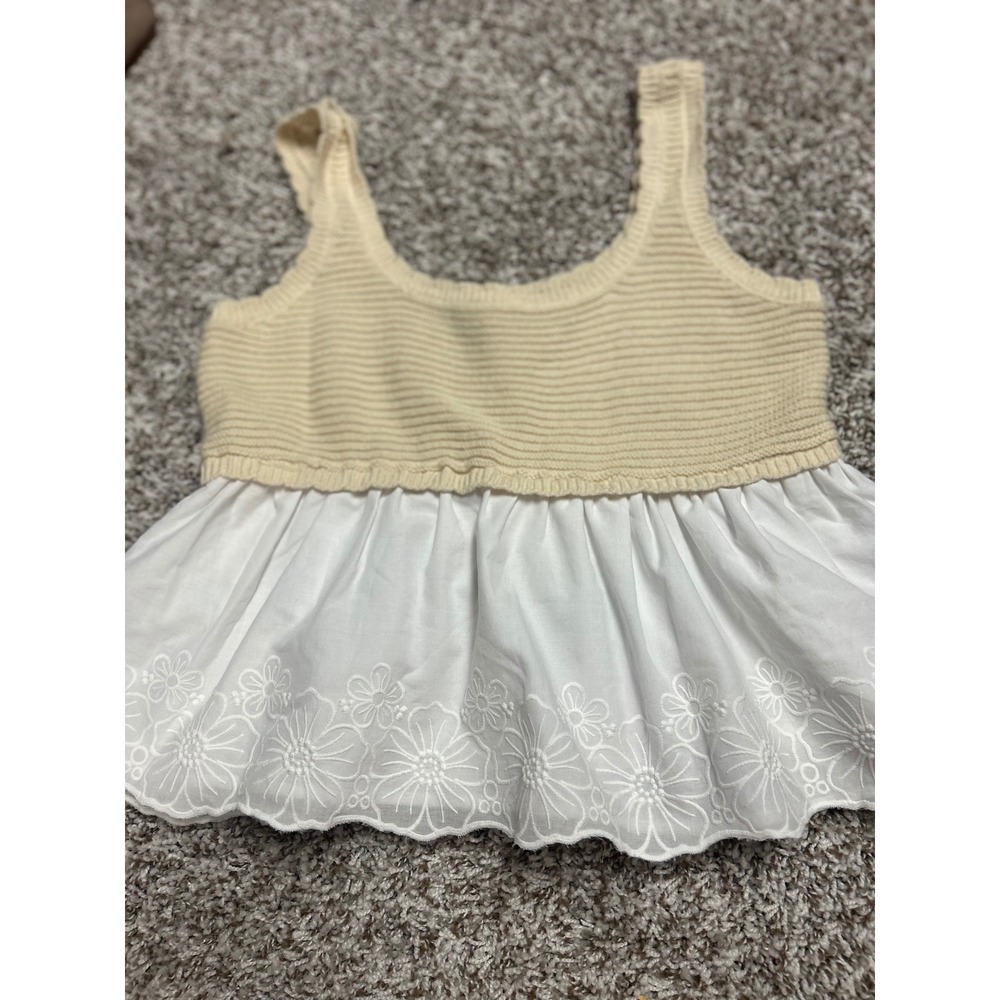 Haute Hippie Style Cream Knit Eyelet Peplum Tank Top Pearl Button Medium